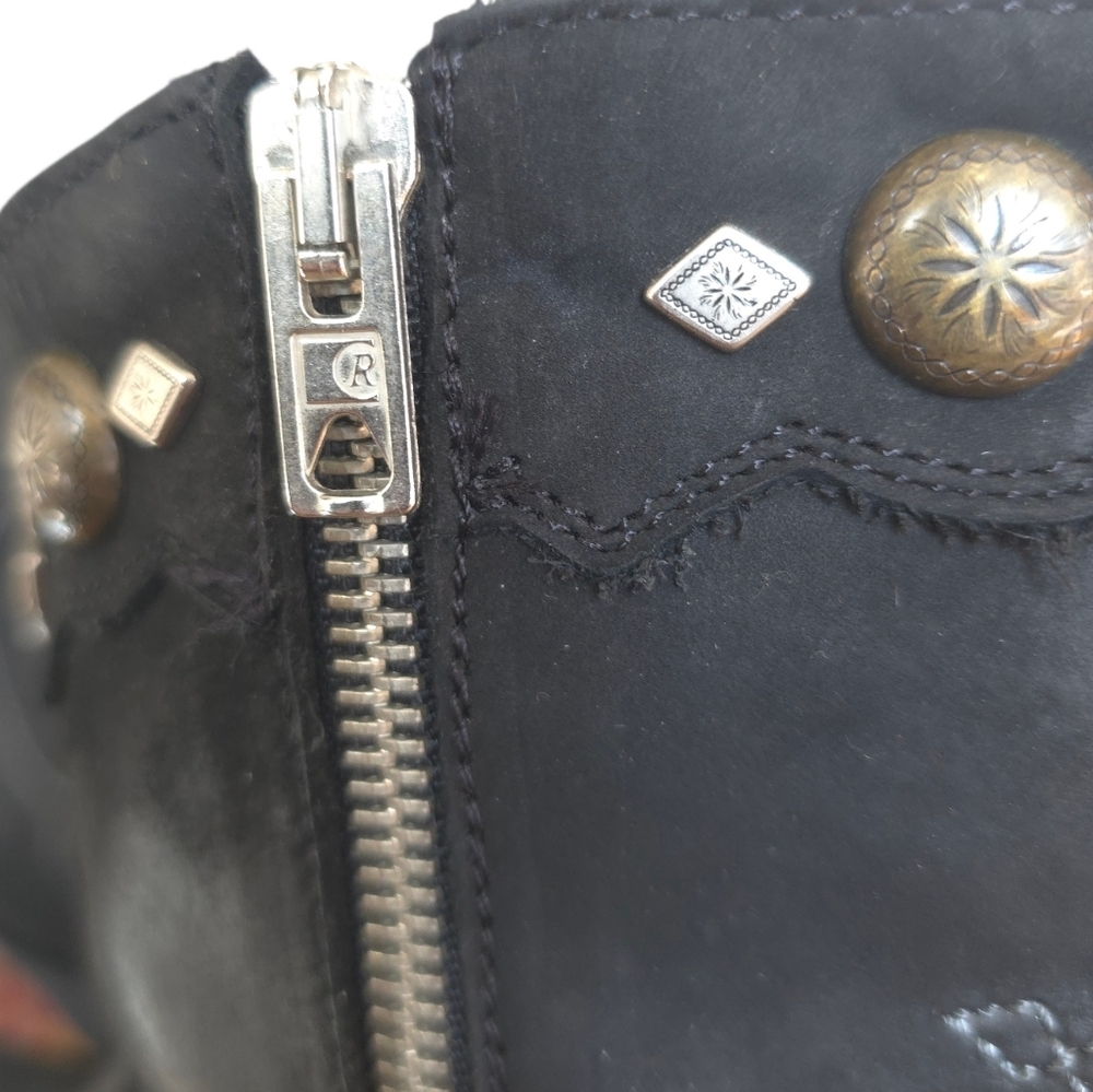 Yippee Ki Yay Old Gringo Black Leather Ankle Boots Fringe & Studded Western 8.5 - Picture 11 of 16